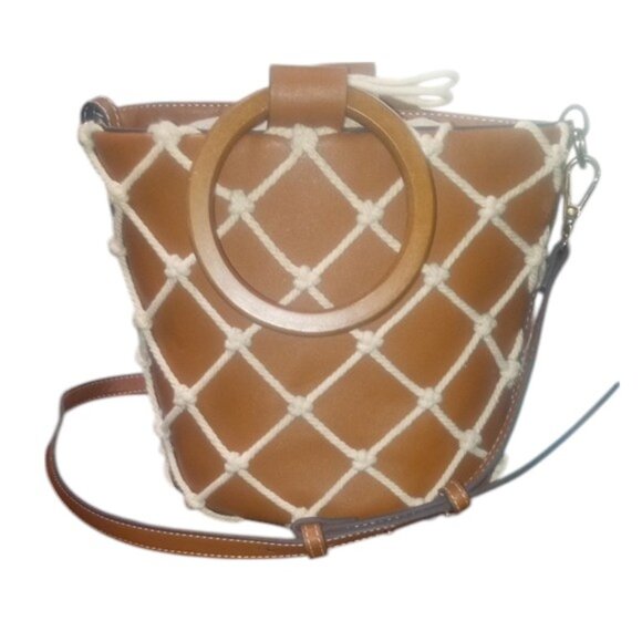 Mango Handbags - Mango Tan Crossbody with Rope Overlay and Wooden handles